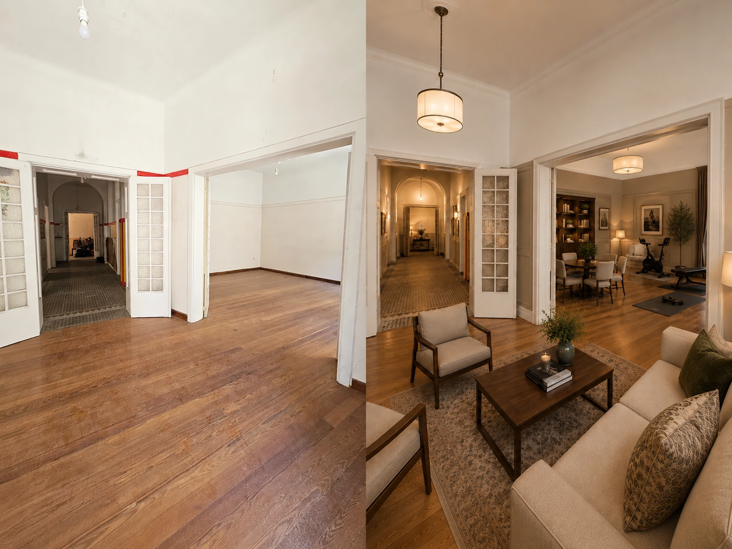 Shared living spaces — existing condition on the left · ai renovation concept on the right