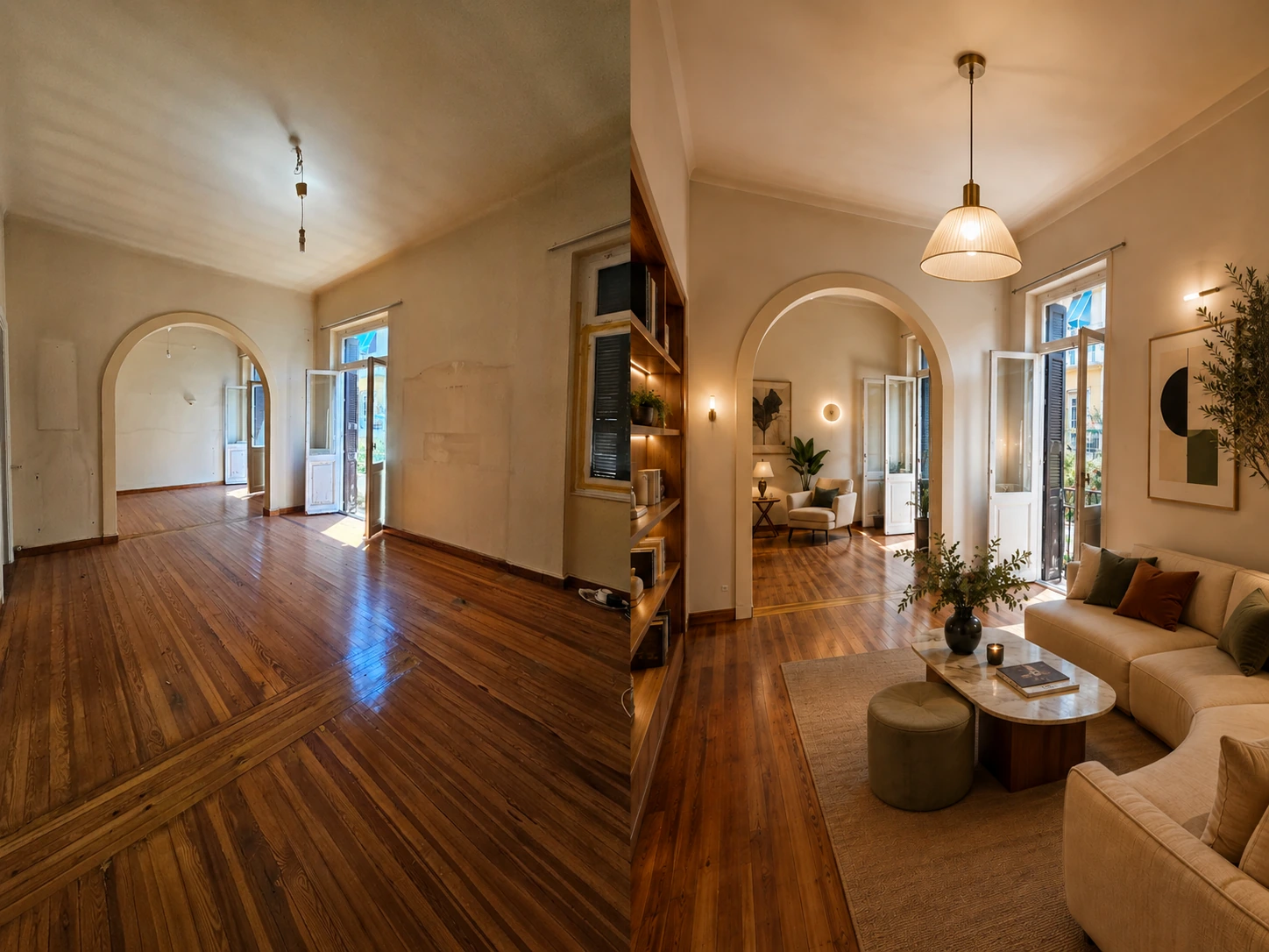Mediterranean living room — existing condition on the left · ai renovation concept on the right