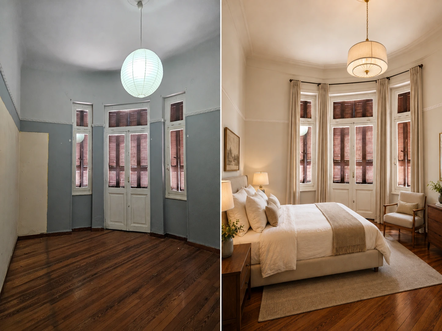 Bay-window bedroom — existing condition on the left · ai renovation concept on the right