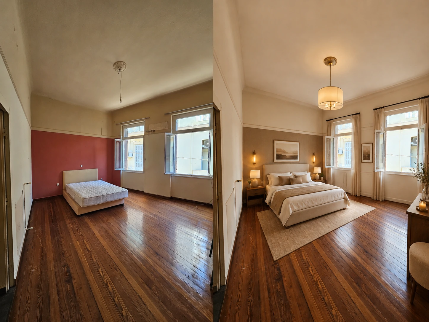 Guest bedroom — existing condition on the left · ai renovation concept on the right