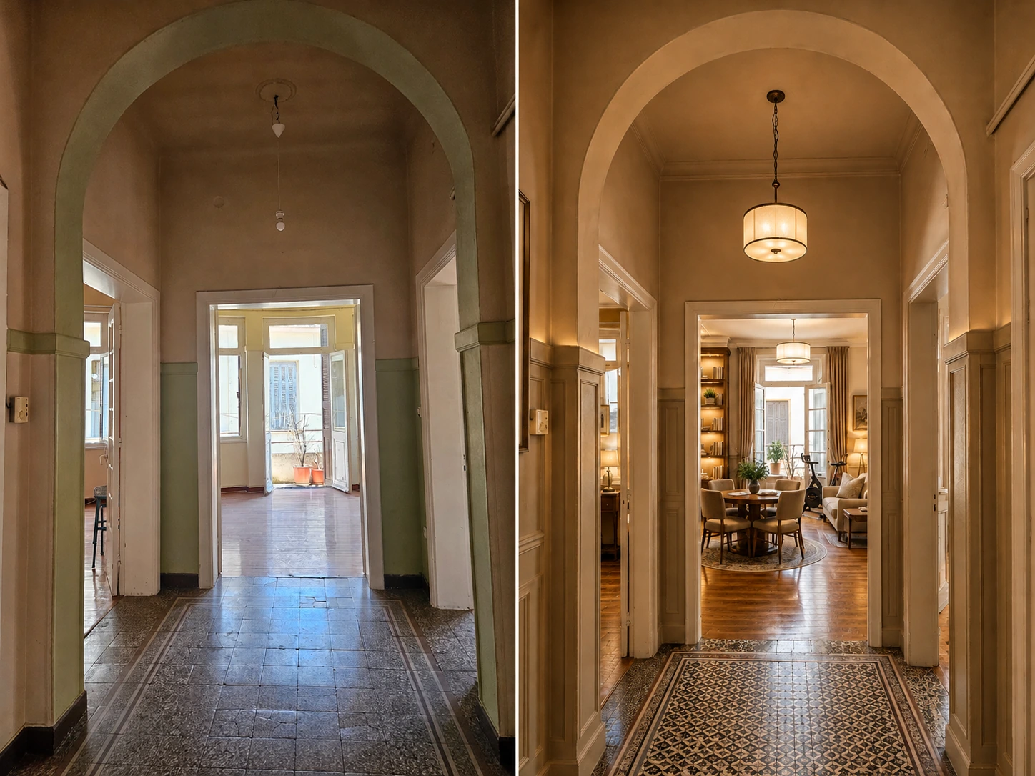 Arched entrance hall — existing condition on the left · ai renovation concept on the right