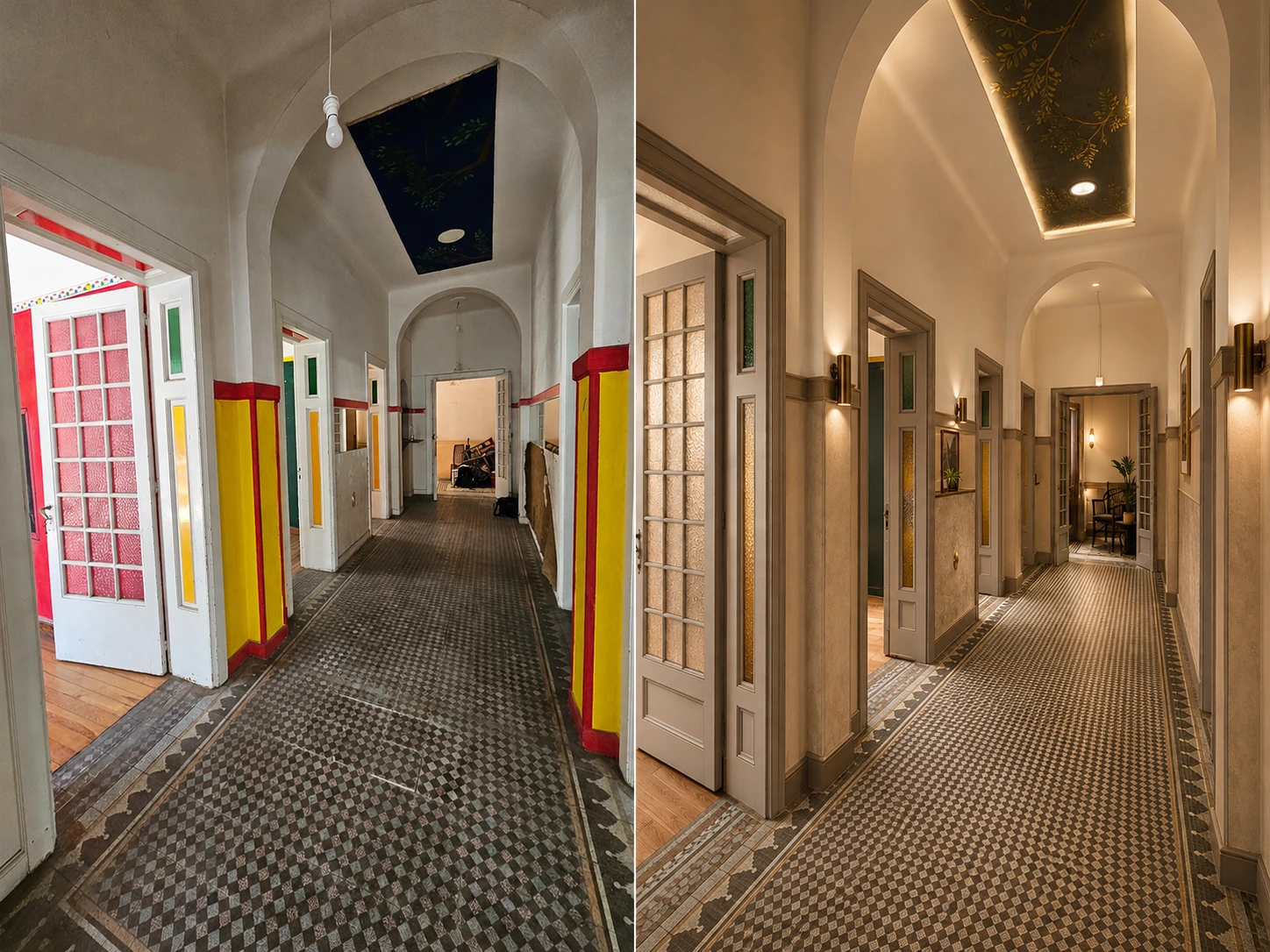 Guest-room corridor — existing condition on the left · ai renovation concept on the right