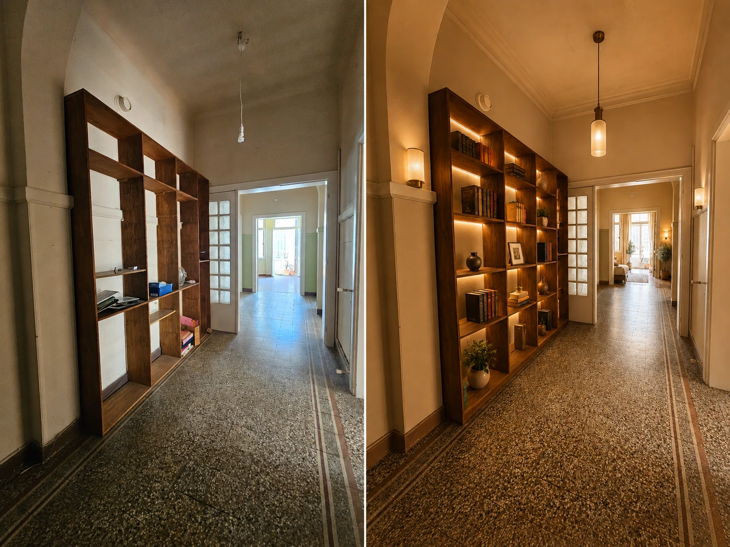 Library corridor — existing condition on the left · ai renovation concept on the right
