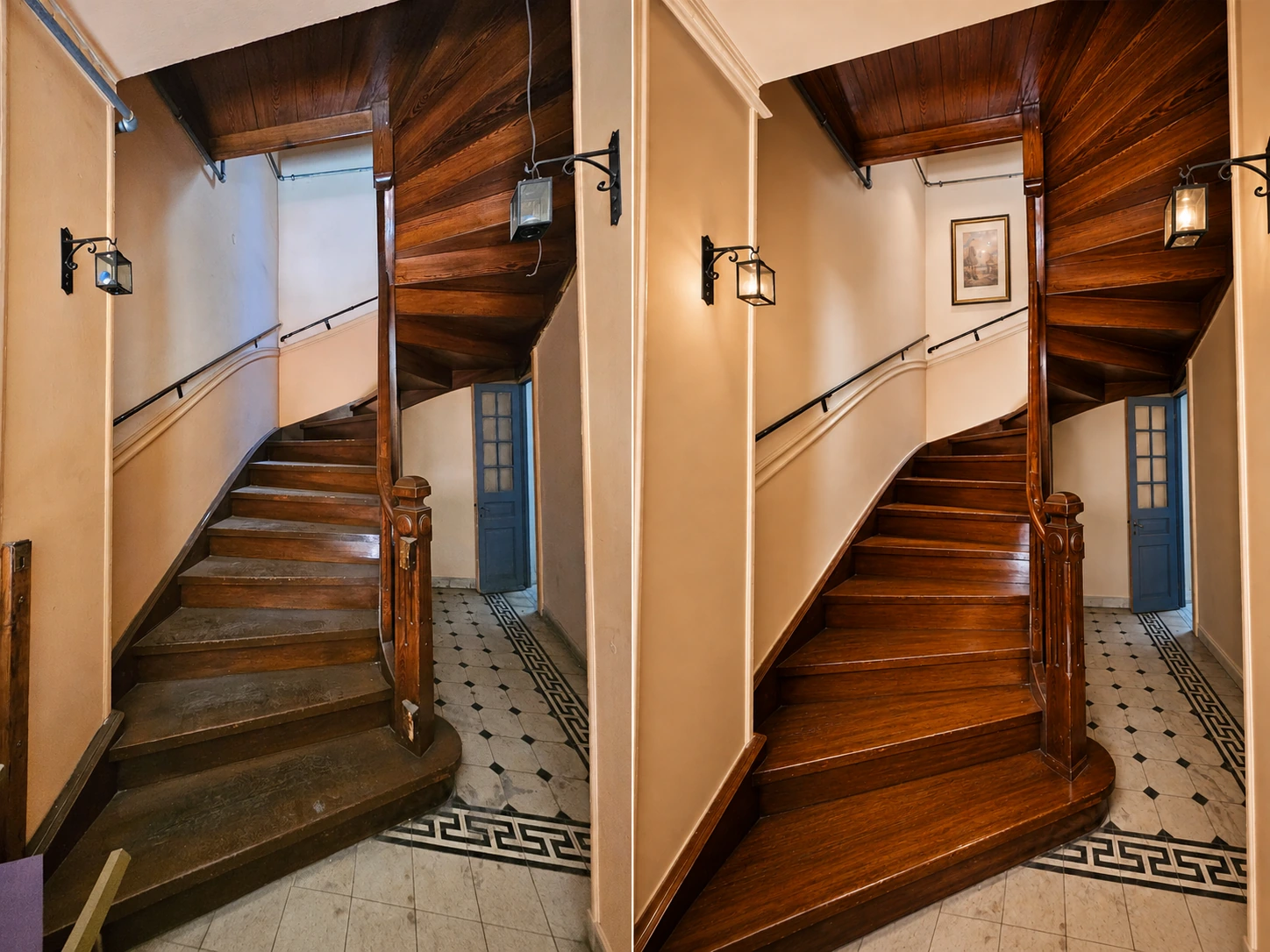 Timber staircase — existing condition on the left · ai renovation concept on the right