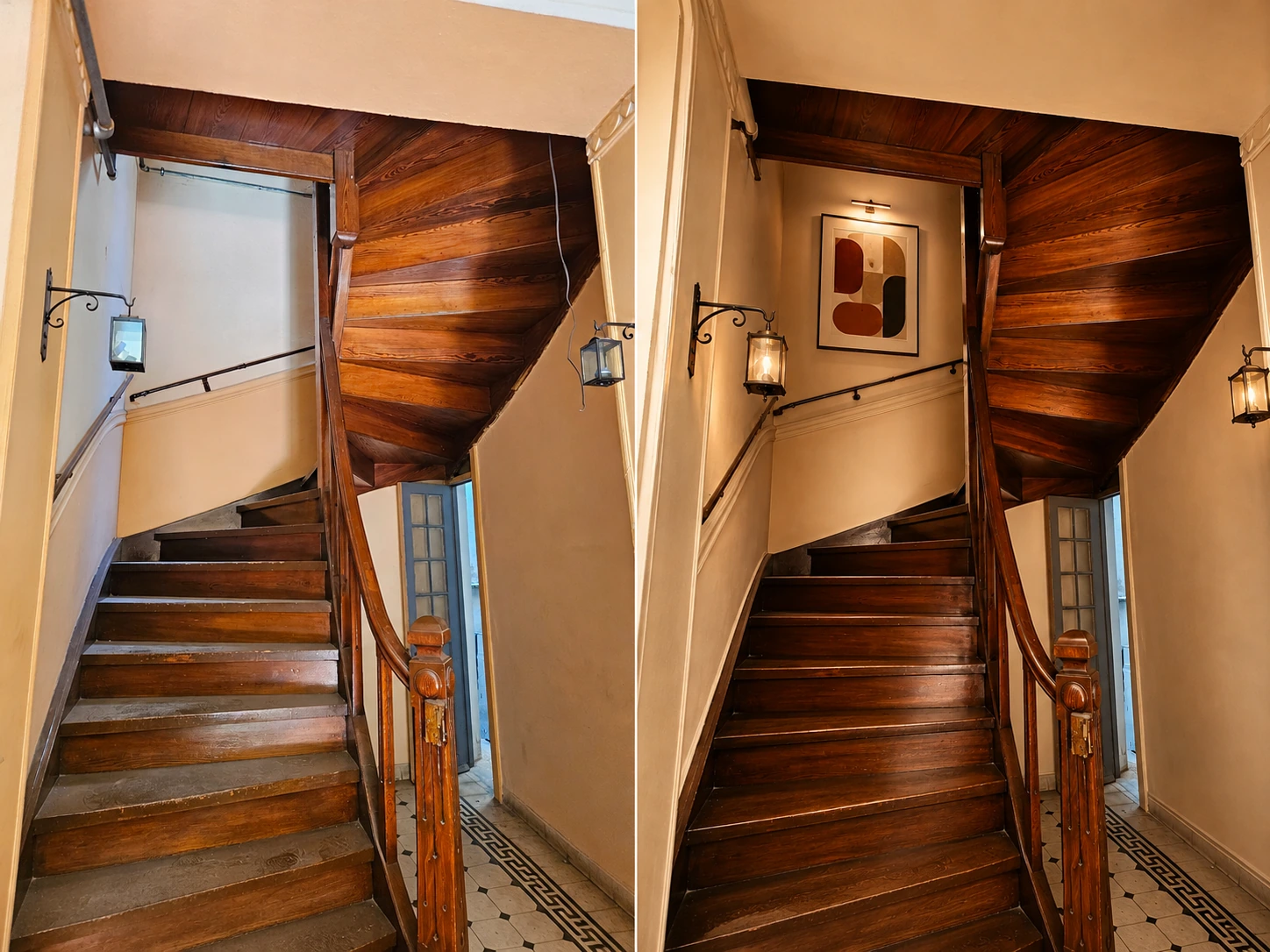 Staircase detail — existing condition on the left · ai renovation concept on the right