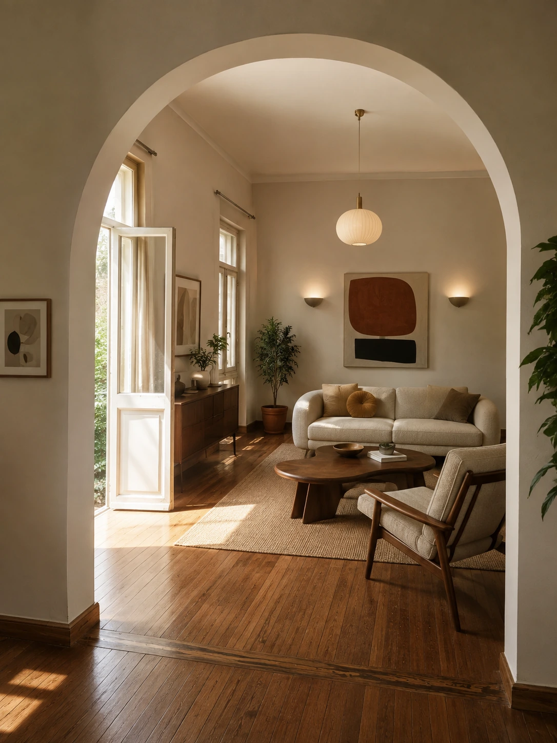 Lounge through the arch — illustrative ai renovation concept